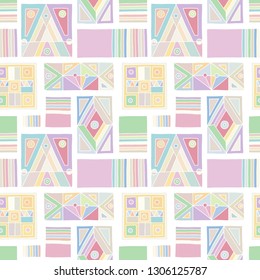 Seamless vector pattern. geometrical hand drawn background with rectangles, squares, triangles, dots, lines. Print for wallpaper, packaging, wrapping, fabric. Line drawing, graphic abstract design