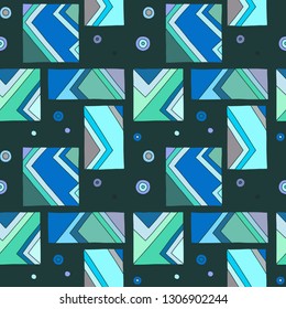 Seamless vector pattern. geometrical hand drawn background with rectangles, squares, triangles, dots, lines. Print for wallpaper, packaging, wrapping, fabric. Line drawing, graphic abstract design