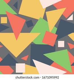Seamless vector pattern geometrical shapes texture. Wallpaper design with  squares and triangle with pastel colours. Artistic repeat background design.