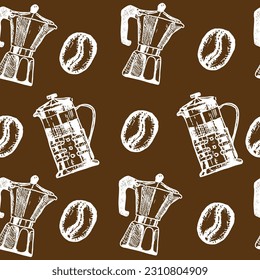 Seamless vector pattern with geyser coffee maker, French press and coffee beans on a brown background.