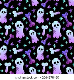 Seamless vector pattern of ghost and bones on a dark background. 