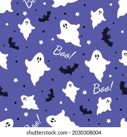 Seamless vector pattern with ghosts, bats and stars. An illustration for Halloween. Pattern for gift paper, textiles, web design.