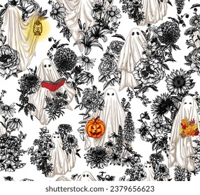 Seamless vector pattern of ghosts in flowers in engraving style