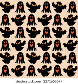 Seamless vector pattern with ghosts on a peach background. Magic scary spirits with different emotions and facial expressions. Posky cartoon vector illustration.