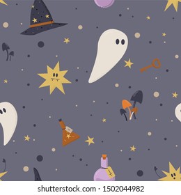 Seamless vector pattern with ghosts and witchcrafts. Halloween wallpaper. Violet colors. Cartoon style