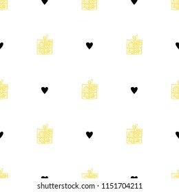 Seamless vector pattern with gift boxes and hearts. Simple flat scandinavian style. Great for wrapping paper.