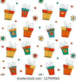 Seamless vector pattern with gift boxes, stars and hearts on white background.