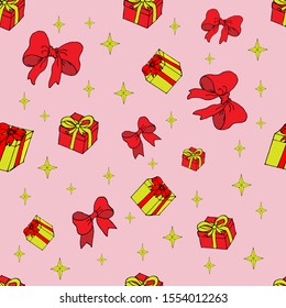 Seamless vector pattern with gift boxes and bows.