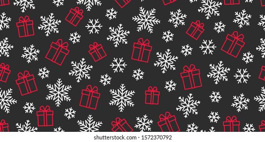 Seamless vector pattern with gift boxes and snowflakes single line icon illustrations