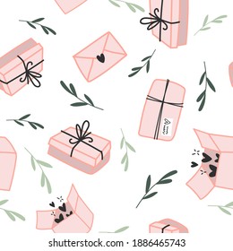 Seamless vector pattern with gift boxes, love letters envelopes and candies heart box. Hand drawn doodle minimalistic valentines day background