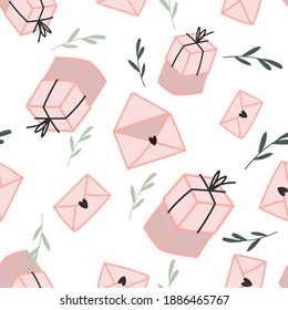 Seamless vector pattern with gift boxes, love letters envelopes and candies heart box. Hand drawn doodle minimalistic valentines day background