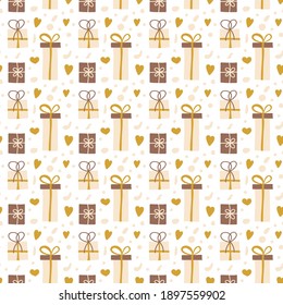 Seamless vector pattern with gift boxes, hearts, dots. Kids illustration in flat style for wrapping paper, party decor, textile