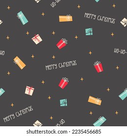 Seamless vector pattern. Gift boxes, stars and inscriptions Merry Christmas and Ho-ho-ho. Festive Christmas background