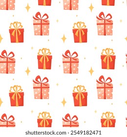 Seamless vector pattern with gift boxes and stars, isolated on white. Colorful pattern with gifts for gift wrapping for Christmas, birthday or Valentine's day. Gift wrapping concept. Flat Christmas