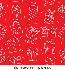 Seamless vector pattern of gift boxes on a red background, hand-drawn.
