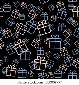 Seamless vector pattern with gift boxes in trendy colors serenity and rose quartz on a black background. Background for party design. Wallpaper, wrapping pattern.