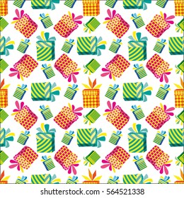 Seamless vector pattern with gift boxes. Good for greeting cards, wrapping paper for presents, invitations to birthday s parties. Holidays concept.