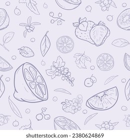 Seamless vector pattern for gift paper with berries and fruits containing vitamin C on a light background