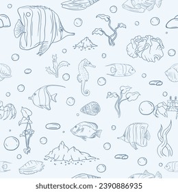 Seamless vector pattern for gift paper with underwater world, marine life, fish and seashells