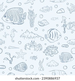 Seamless vector pattern for gift paper with underwater world, marine life, fish and seashells