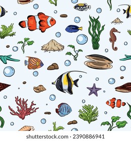 Seamless vector pattern for gift paper with underwater world, marine life, fish and seashells