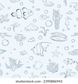 Seamless vector pattern for gift paper with underwater world, marine life, fish and seashells