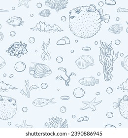 Seamless vector pattern for gift paper with underwater world, marine life, fish and seashells