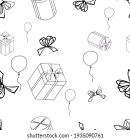 Seamless vector pattern of gift square and round boxes, bows and balloons randomly ordered and isolated on white background. Designed for prints, wraps, backgrounds, textiles, wallpapers