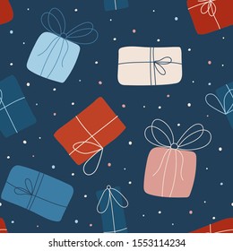 Seamless vector pattern with gifts. Seamless childish pattern for cards, wrapping papers, posters. Creative hand drawn pattern for holidays and parties