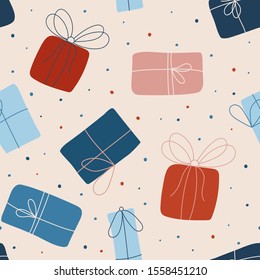 Seamless vector pattern with gifts. Seamless childish pattern for cards, wrapping papers, posters. Creative hand drawn pattern for holidays and parties