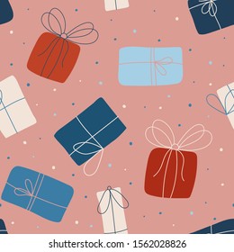Seamless vector pattern with gifts. Seamless childish pattern for cards, wrapping papers, posters. Creative hand drawn pattern for holidays and parties