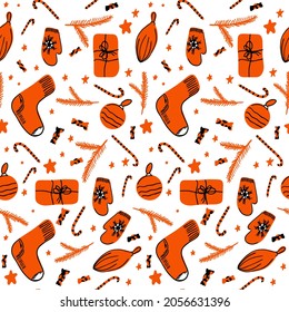 Patrón vectorial sin fisuras con regalos, medias, mitones, decoraciones navideñas y dulces. El color del tigre anaranjado chino.