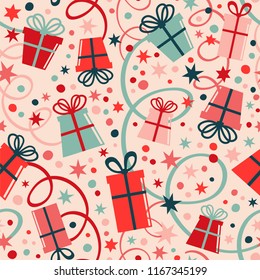 Seamless vector pattern with gifts, streamers and confetti.