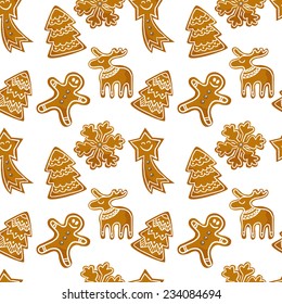 Seamless vector pattern with ginger biscuits in cartoon style for packaging, textiles, postcards.