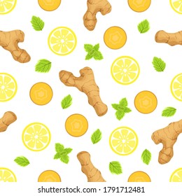 seamless vector pattern of ginger, lemon and mint on white background, vector illustration