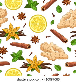 Seamless vector pattern of ginger, lemon, vanilla, mint, cinnamon and cloves on a white background. Wrapping paper. Elements for design. Spices.