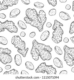 Seamless vector pattern of ginger roots and slices. Hand drawn . Engraved spicy vegetable. Food ingredient, aromatherapy, cooking. Good for cosmetics, medicine, treating, package design, skincare.