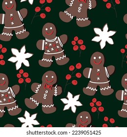 Seamless vector pattern with gingerbread and berry sprigs on a green background. New Year and Christmas theme. Gingerbread men on a dark background.