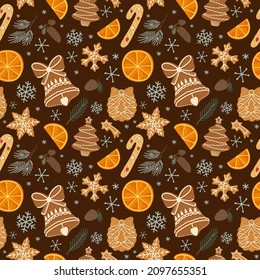 Seamless vector pattern of gingerbread cookies on a brown background, bell, licorice, snowflakes, twigs, Christmas mood, for fabric and paper, wallpaper and packages