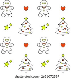 Seamless vector pattern with gingerbread cookies, Christmas trees, hearts, and stars in bright colors on white background. Playful festive design for holidays.