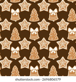 Padrão de vetor sem costura com biscoitos de gengibre em forma de árvore de Natal, estrela e sino decorado com glacê branco em um fundo escuro, design de feriado festivo.