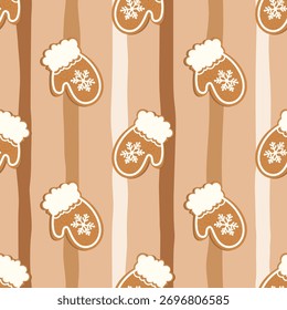Seamless vector pattern with gingerbread cookies shaped like mittens decorated with snowflakes. Ideal for Christmas wrapping paper, fabric, and winter packaging.