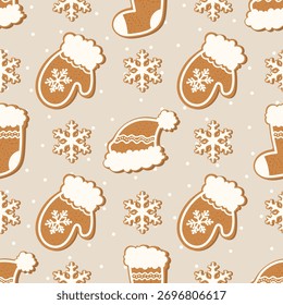 Seamless vector pattern with gingerbread cookies shaped like mittens, stockings, snowflakes, and Santa hats on a beige background, ideal for wrapping paper, fabric, and Christmas packaging.