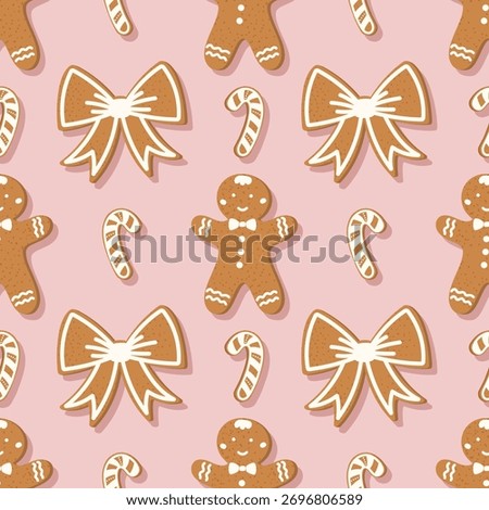 Seamless vector pattern with gingerbread cookies shaped like bow, candy cane, and gingerbread men on a pink background. Ideal for Christmas wrapping paper, fabric, and festive packaging.