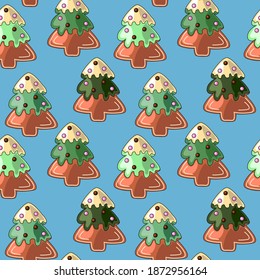 Seamless vector pattern with gingerbread in the form of Christmas tree