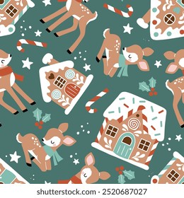 Seamless vector pattern with gingerbread houses and cute vintage deer. Hand drawn Christmas illustration. EPS 10 vector file. Perfect for textile, wallpaper or print design.