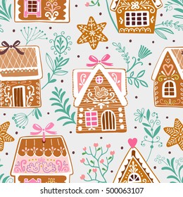 Seamless vector pattern with gingerbread houses and stars