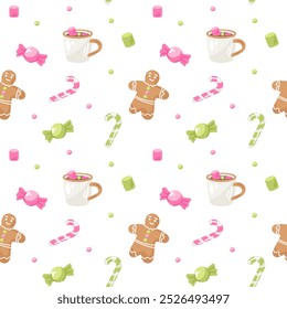 Seamless vector pattern with gingerbread man, candies and marshmallows