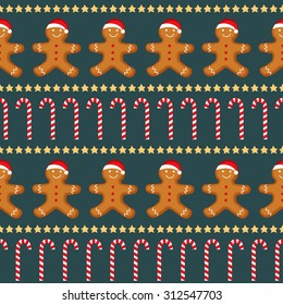 Seamless vector pattern with Gingerbread man, candy cane and stars for new year's day, christmas, winter holiday, cooking, new year's eve, food, etc. Cute xmas background.