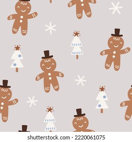 Seamless vector pattern with gingerbread men. Can be used for wallpaper, pattern fills, web page background, surface textures, gifts. Creative Hand Drawn textures for winter holidays.